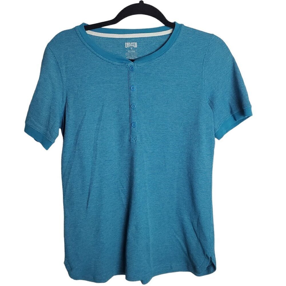 Duluth Trading Co. Waffle Knit Henley Shirt Womens Medium Blue Short Sleeve